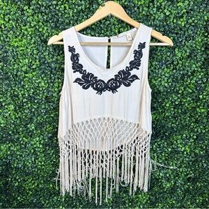 Anthropologie beige Crop Tank‎ Top with fringe